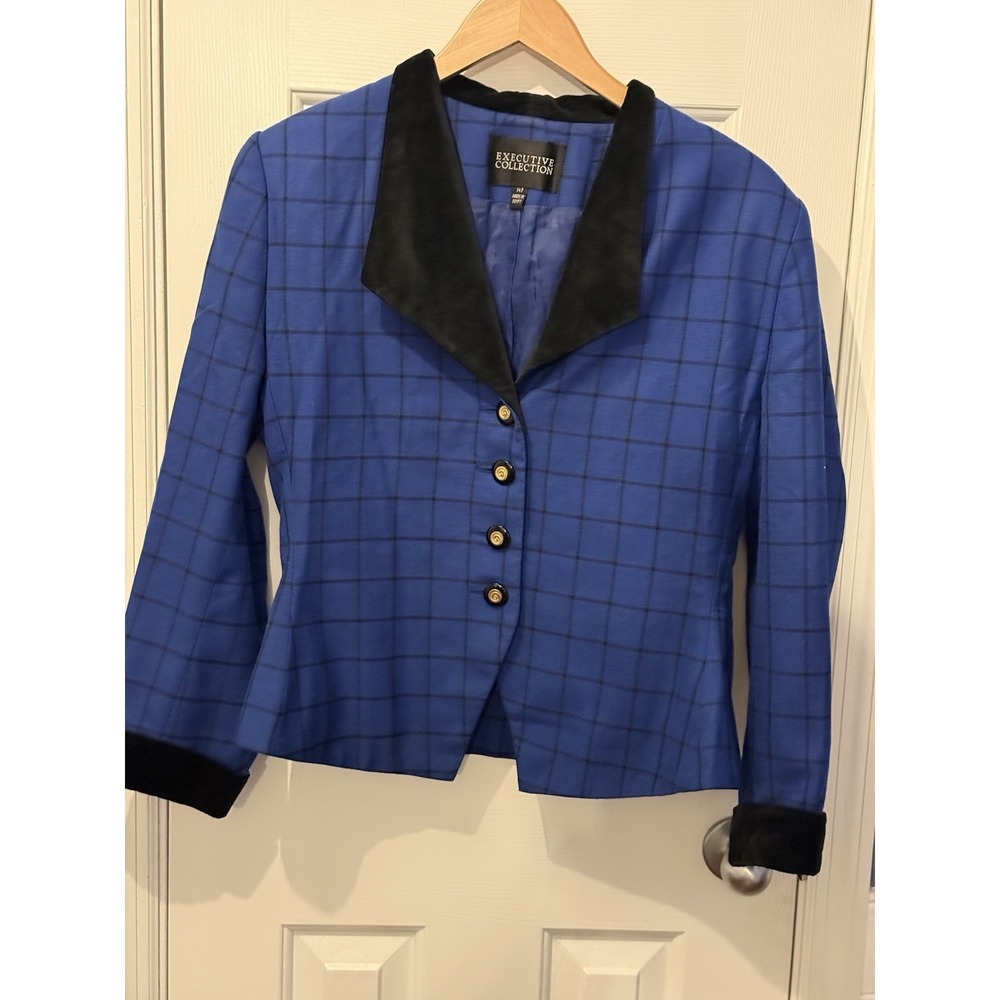 Vintage Executive Collection Blue Windowpane Blazer Size 14P Preppy Career
